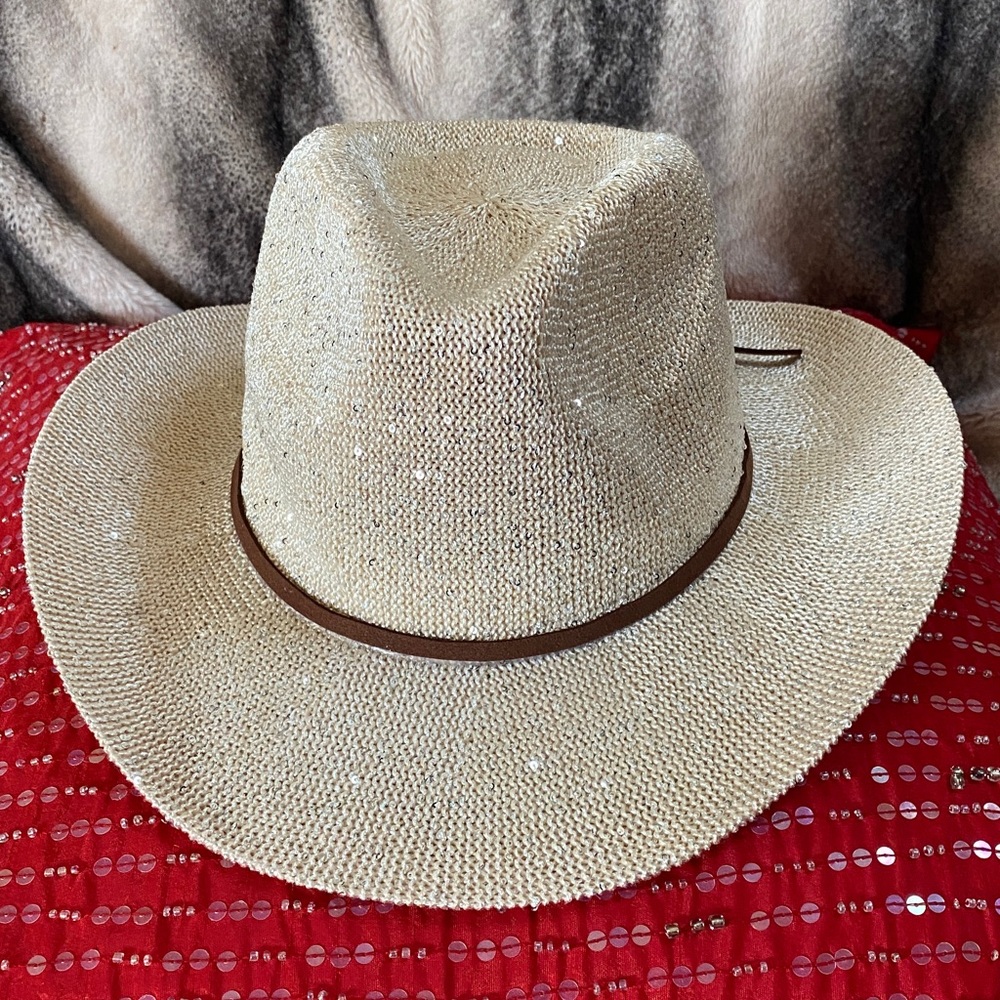 Designer Sparkling Nude Color Nude Sequins Cowboy Hat Adjustable Rim Interior - Picture 16 of 16